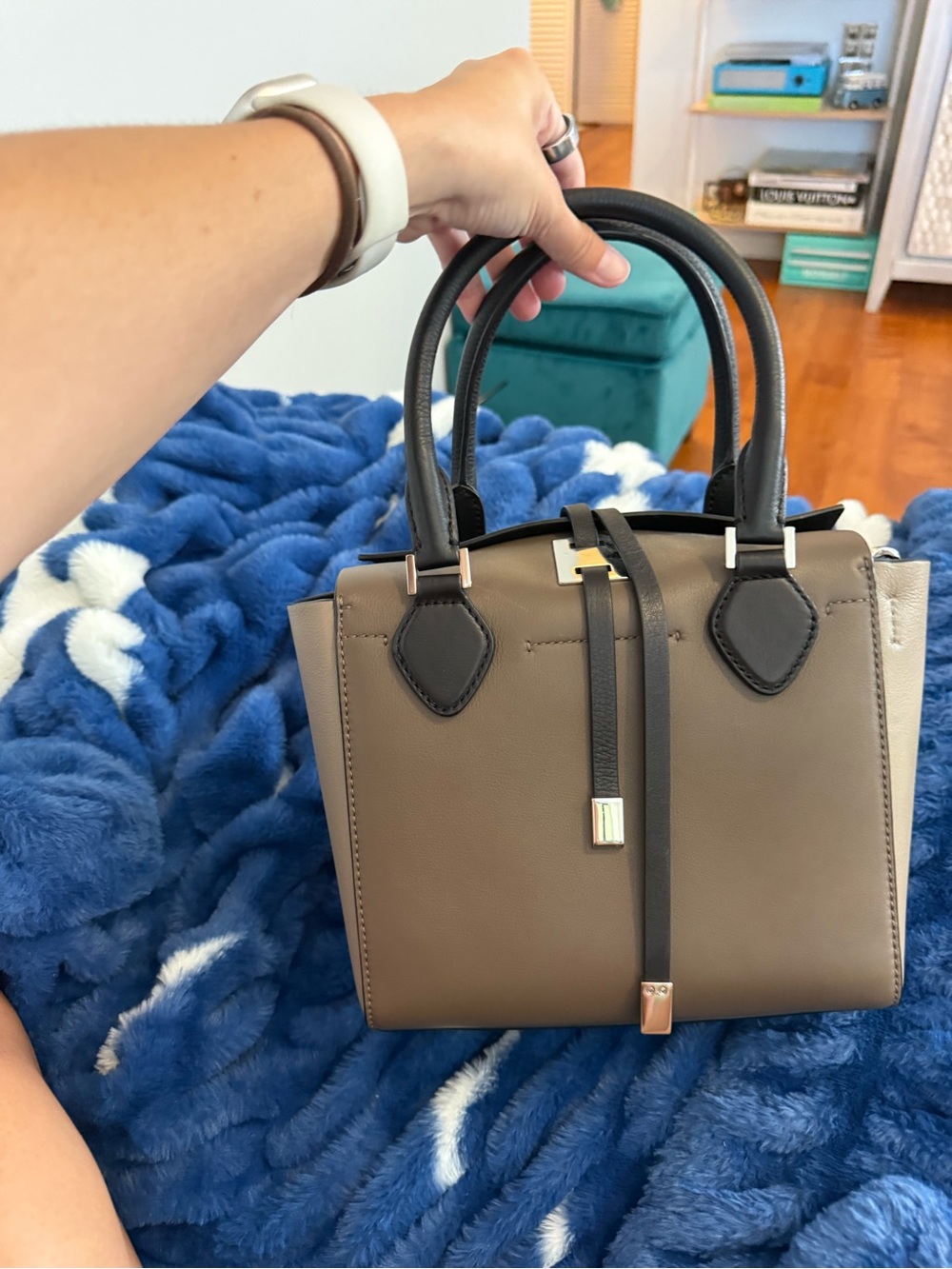 Michael Kors Collection Taupe and Black Leather Satchel - Picture 4 of 9